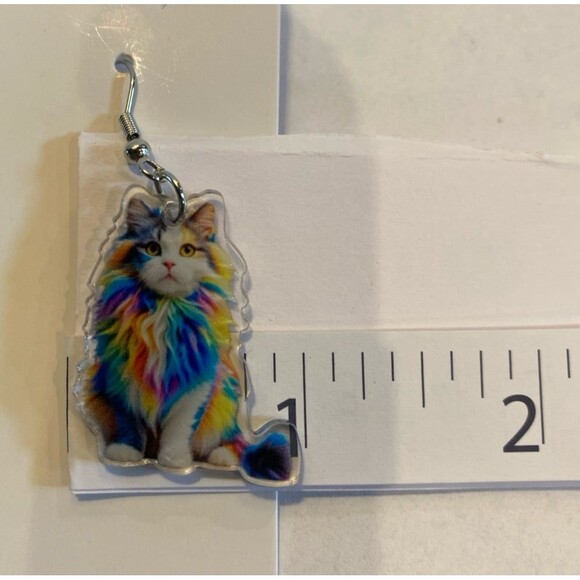 Earrings Rainbow Calico Cat Dangle Whimsical Drop Statement Jewelry Unique Kitty - Picture 6 of 6